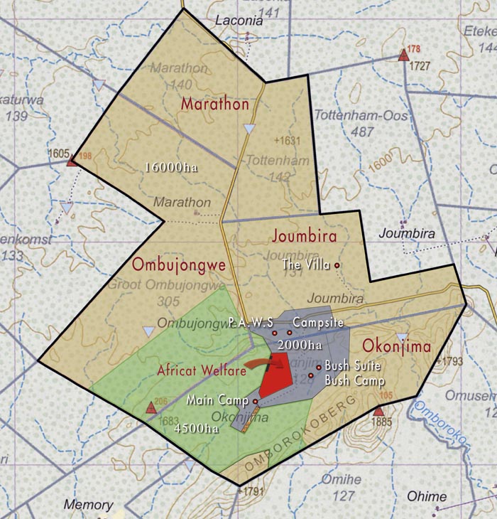 carte des hebergements du Okonjima